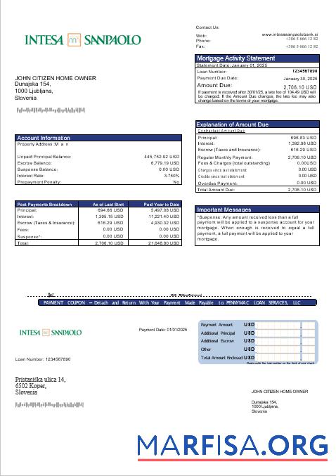 Realistic Slovenia Intesa Sanpaolo bank mortgage statement in Word and PDF formats template